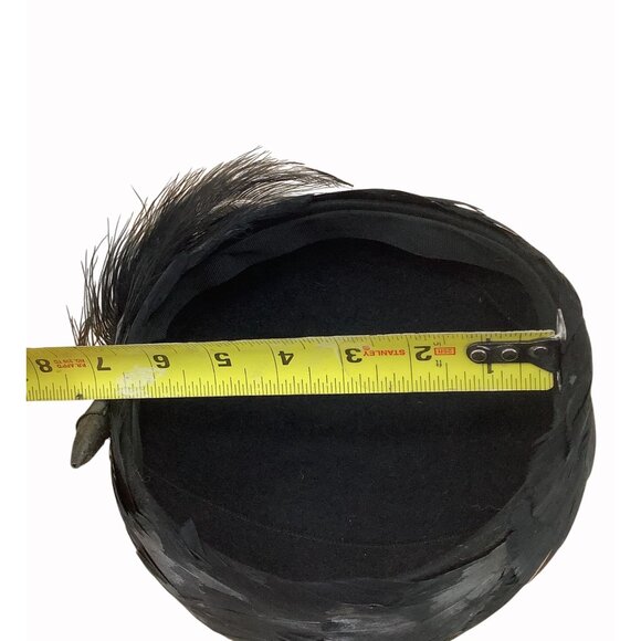 Vintage 1950s Black Feather Cocktail Pillbox Hat With Feather Detail - Picture 7 of 7